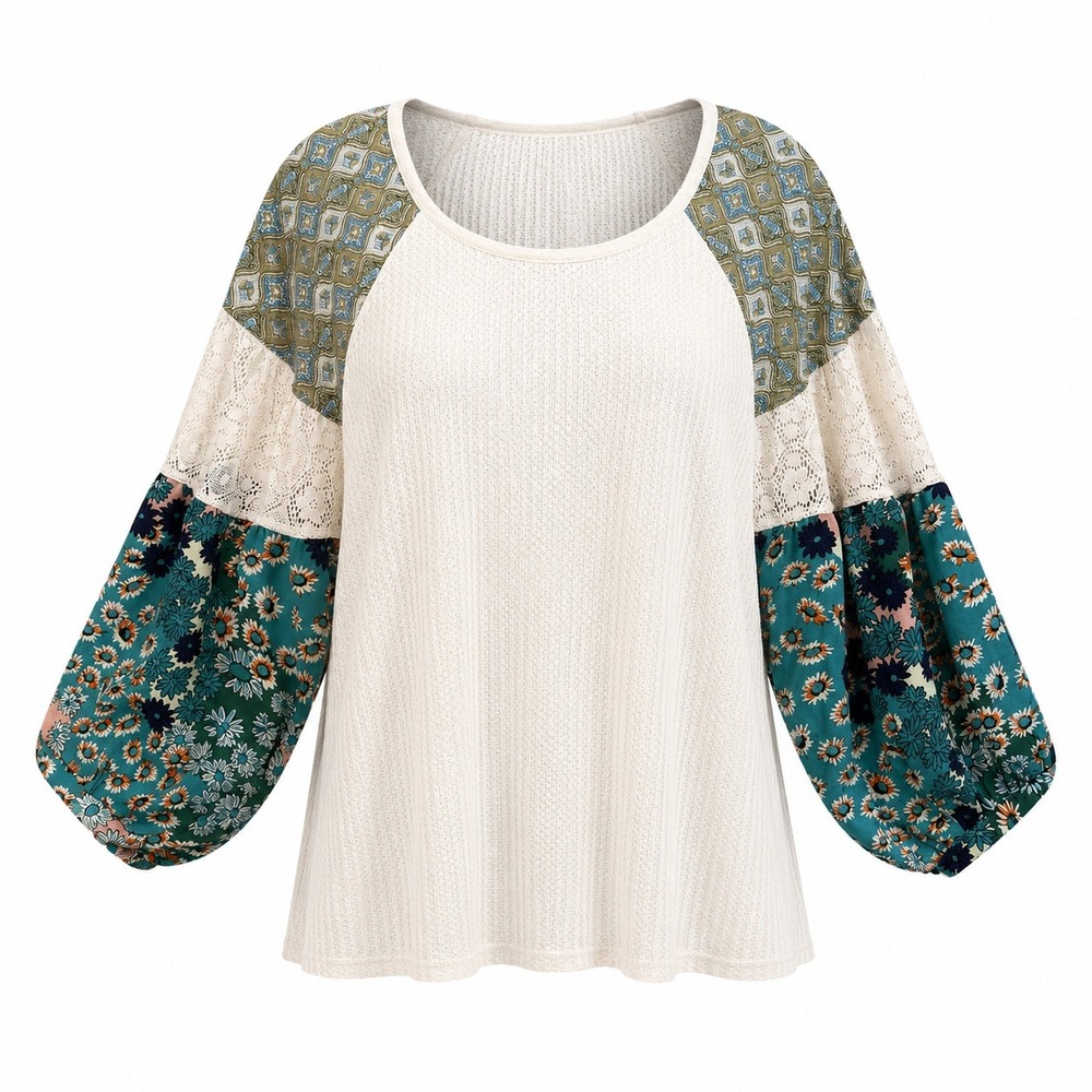 Umgee M White Waffle Knit Floral Crochet Lace Balloon Sleeve Boho Top Western